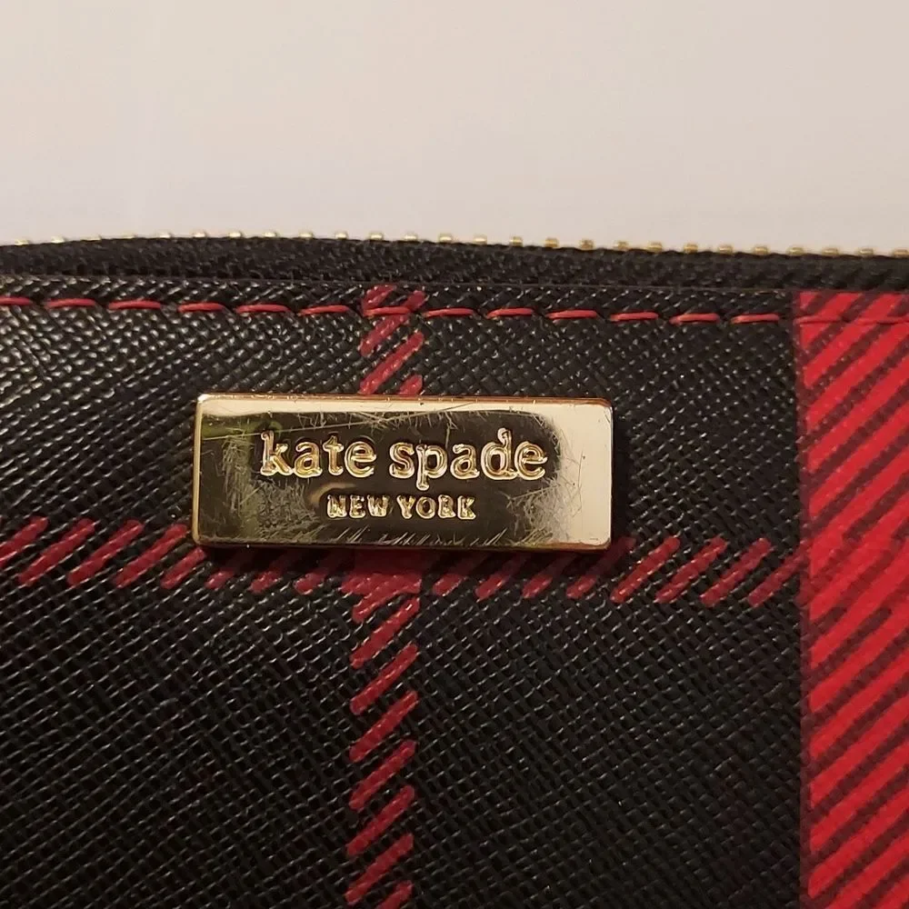 Kate Spade Red Plaid Wallet Saffiano leather zip around